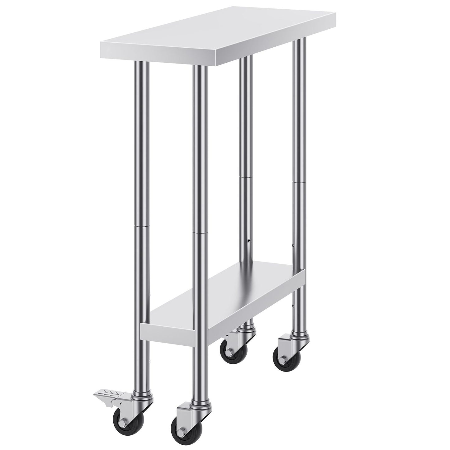 Stainless Steel Work Table 30 x 12 x 38 Inch, with 4 Wheels, 3 Adjustable Height Levels, Heavy Duty Food Prep Worktable for Commercial Kitchen Restaurant, Silver
