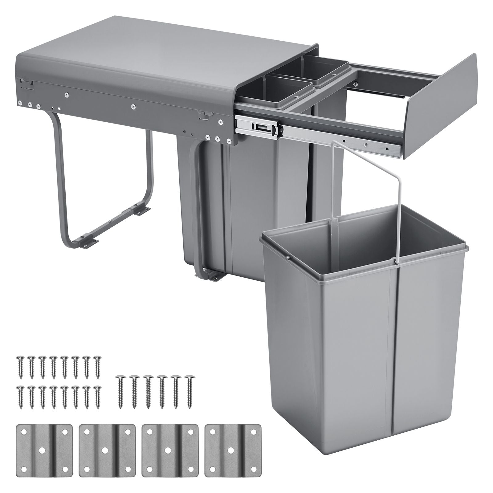 Pullout Trash Can for Kitchen Cabinets, 20+10+10L Double Under Sink Garbage Waste Recycling Bin, Under Mount Waste Container, with Heavy Duty Metal Full Extension Sliding System and Handle