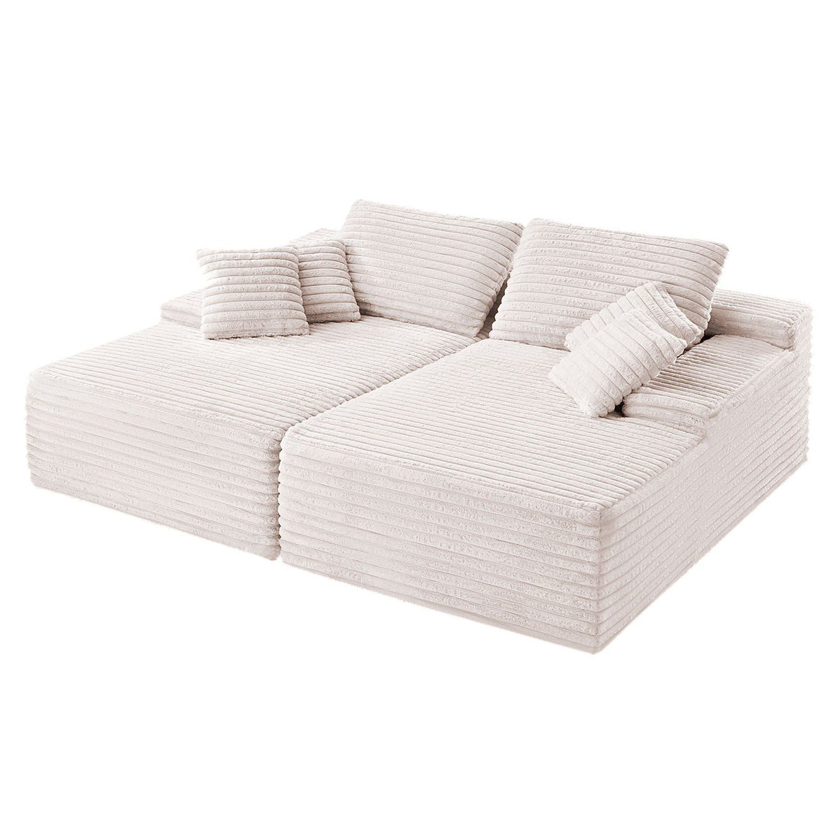 210 cm Oversized Double Chaise Lounge, Corduroy Fabric Sectional Sofa, Cozy Deep Seat Loveseat Sofa with Soft Cushions and Throw Pillows for Living Room Bedroom, No Assembly Required, Beige