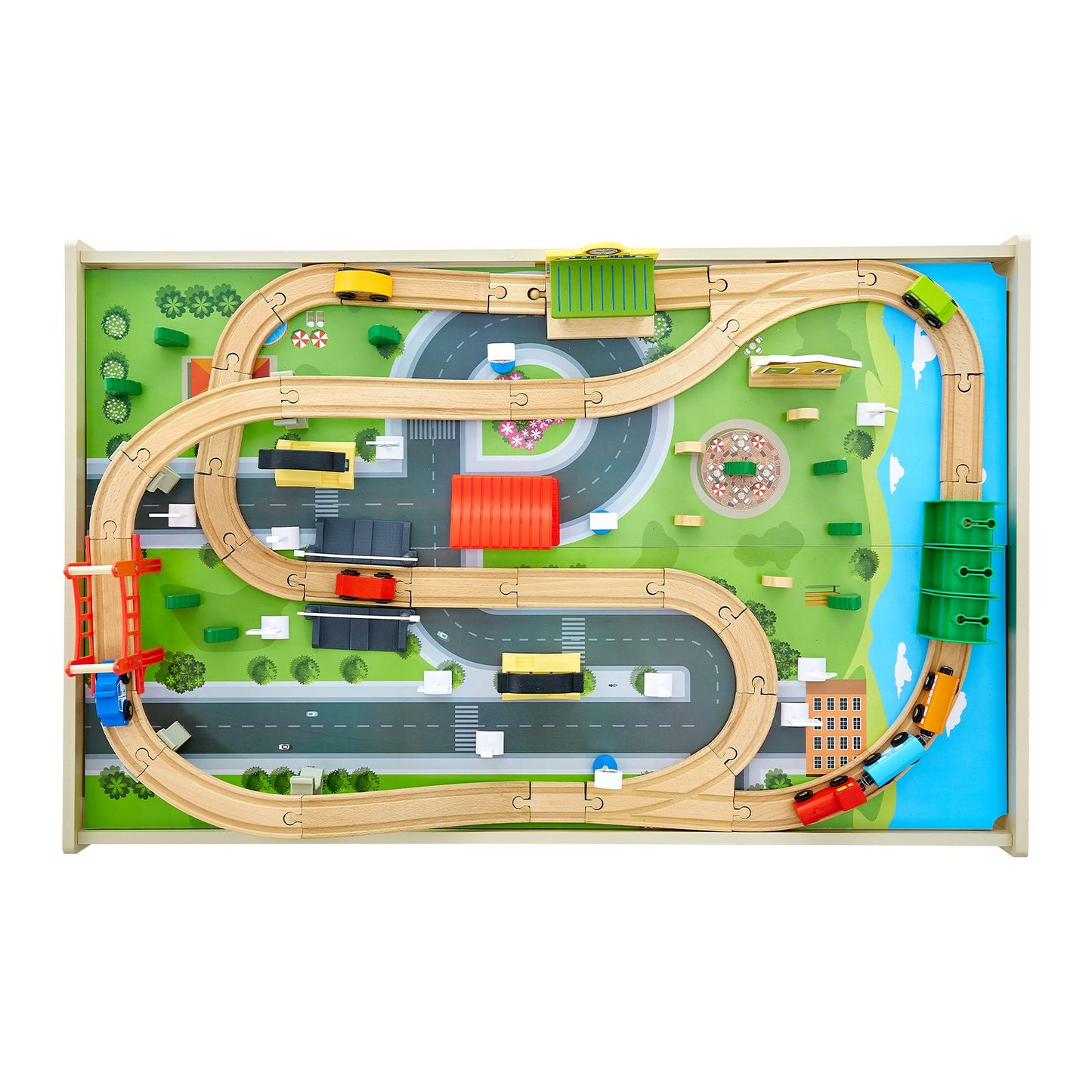 Train Table, 84 Multicolor Pieces Wooden Kids Activity Table with Collapsible Storage Bin, 3-in-1 Wooden Train Set for Gaming, Drawing, Reading, Eating, Creative Toy Set for Kids Ages 3+
