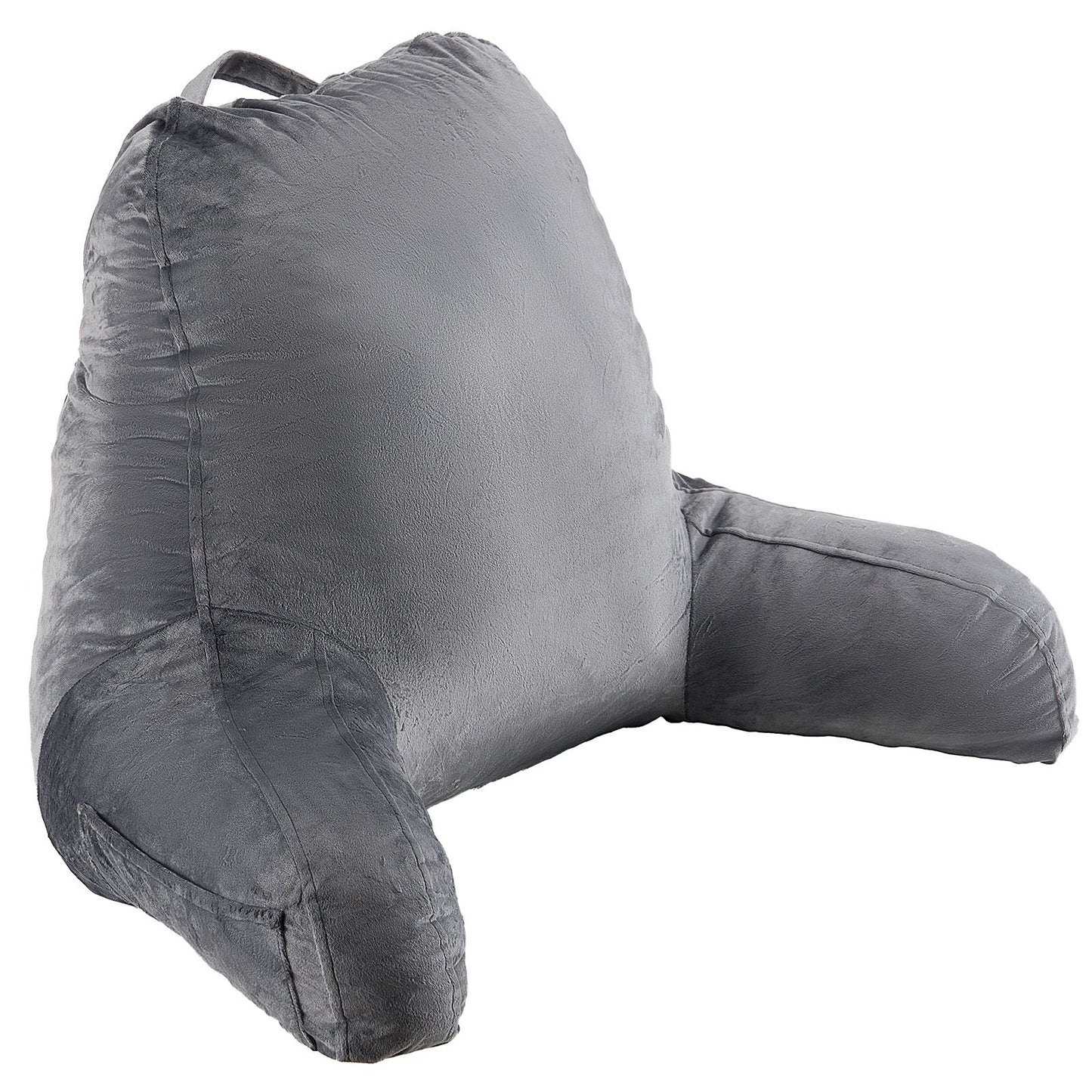 Reading Pillow, Large Size Bed Pillow with Shredded Memory Foam, Back Pillow with 3 Pockets and Washable Short Velvet Cloth, Top with Handle, for Watching TV, Reading, Gaming, Resting, Grey