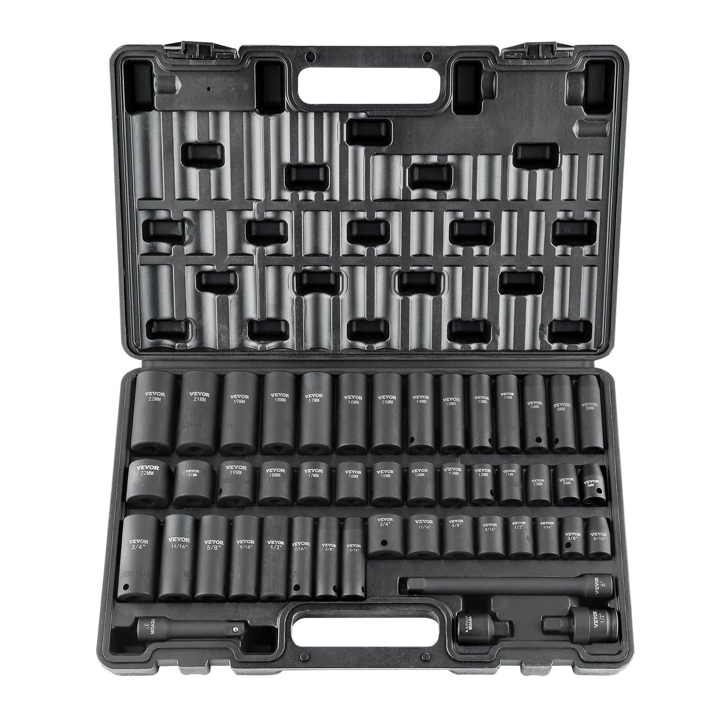 3/8" Drive Impact Socket Set, 48 Piece Socket Set SAE ï¼ˆ5/16" -3/4"ï¼‰ & Metric ï¼ˆ8-22mmï¼‰6 Point Cr-V Drive Extension Bar Universal Joint & Power Drill Adapter Includes Storage Case