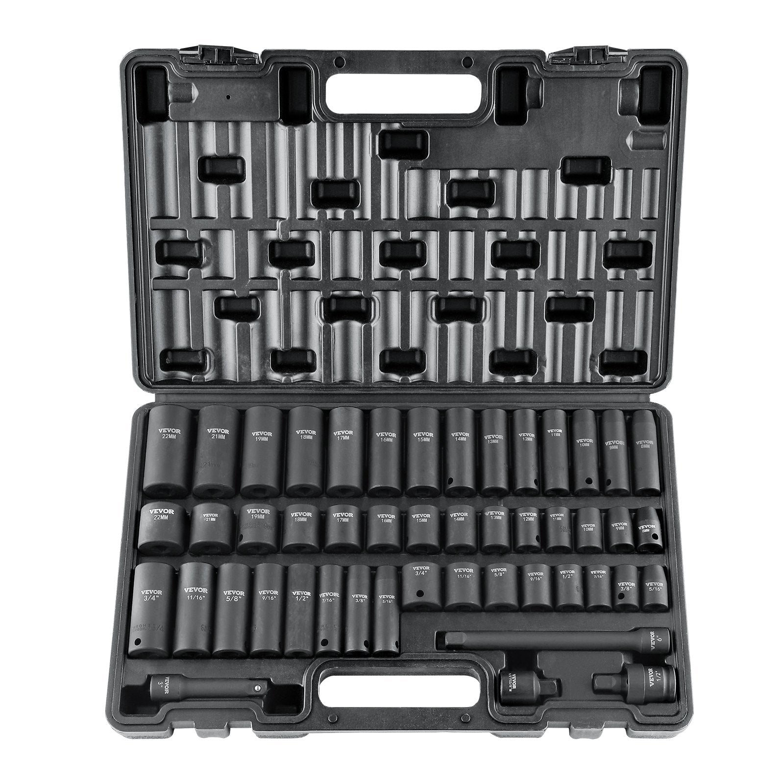 3/8" Drive Impact Socket Set, 48 Piece Socket Set SAE ï¼ˆ5/16" -3/4"ï¼‰ & Metric ï¼ˆ8-22mmï¼‰6 Point Cr-V Drive Extension Bar Universal Joint & Power Drill Adapter Includes Storage Case