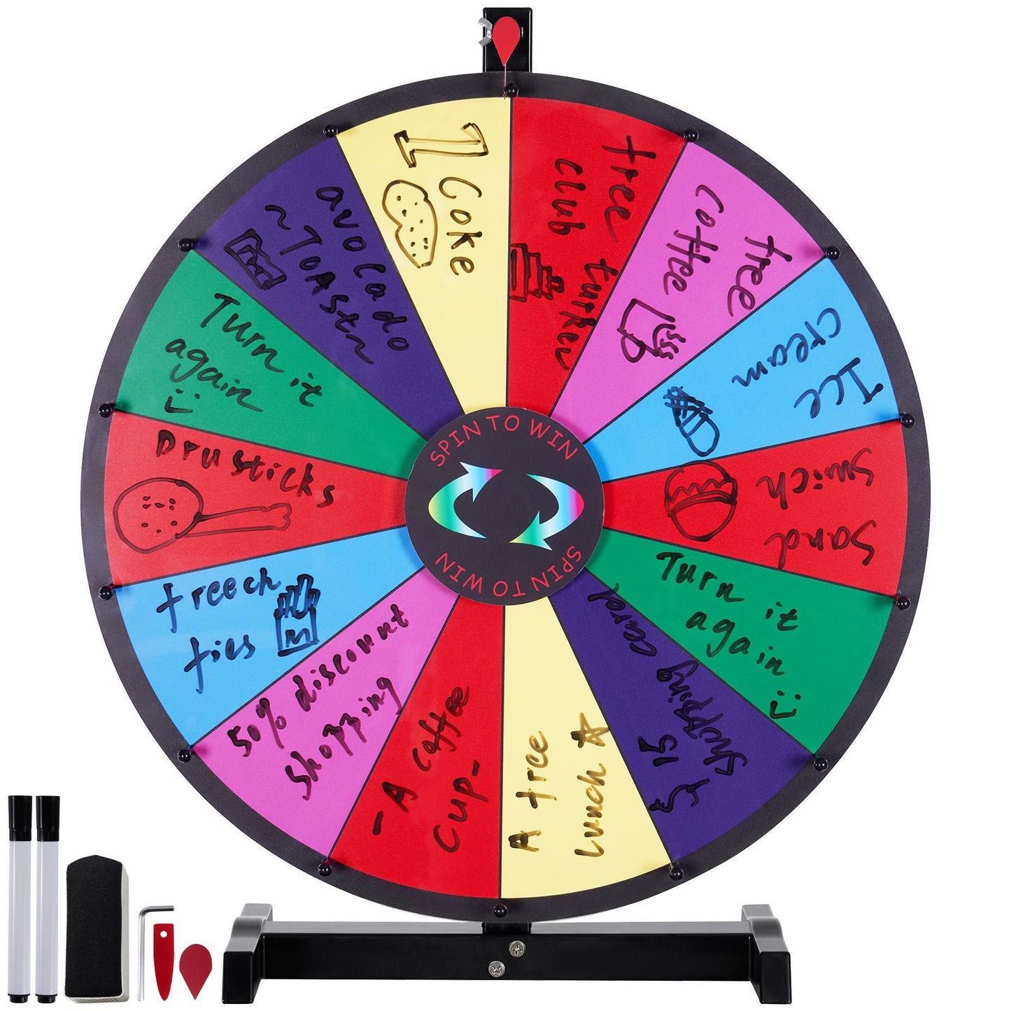 24 inch Spinning Prize Wheel, 14 Slots Tabletop Spinner, Heavy Duty Roulette Wheel with a Dry Erase and 2 Markers, Win Fortune Spin Games in Party Pub Trade Show Carnival