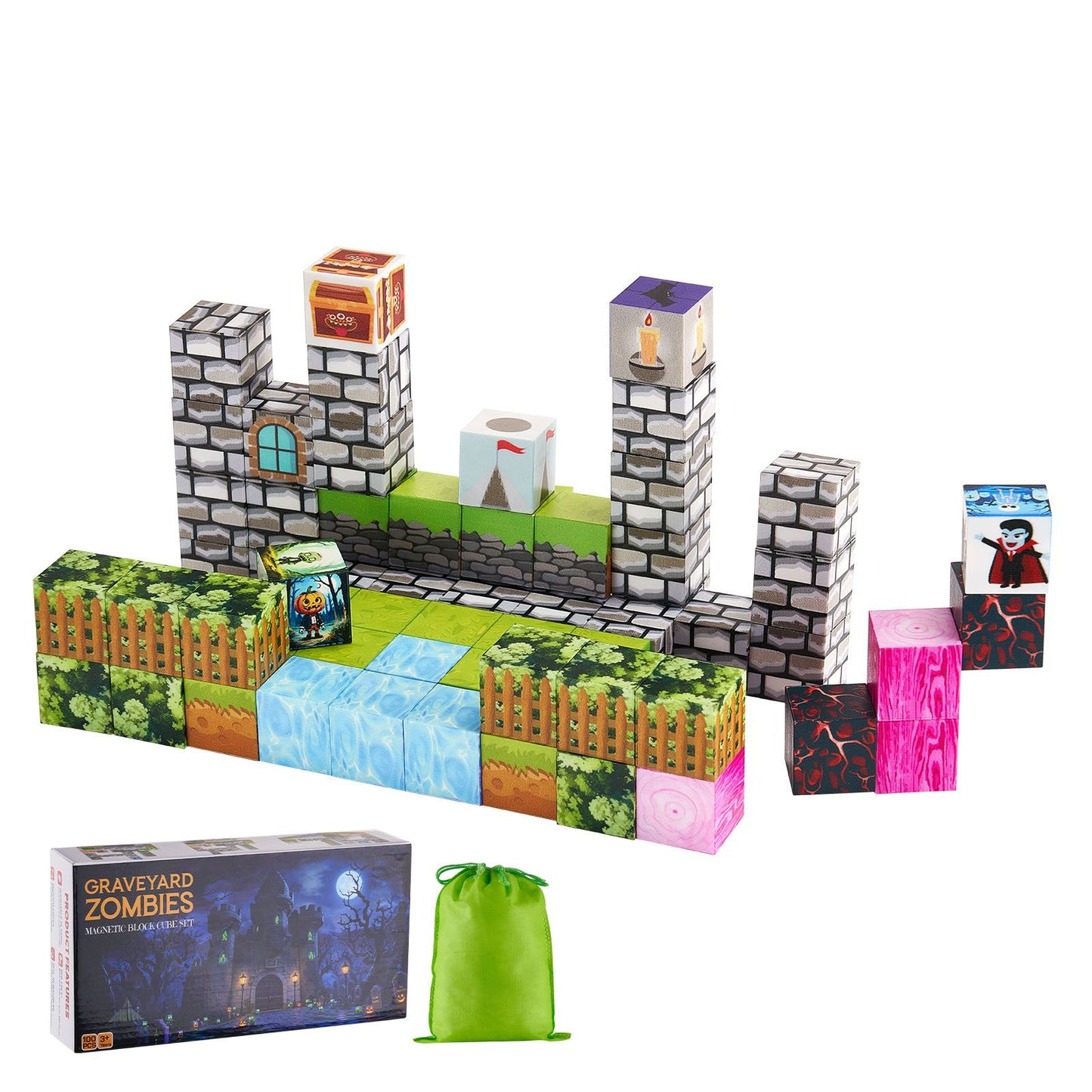 Magnetic Blocks, 100 PCS Cemetery Zombies Set, Magnetic Building Cubes for Kids, STEM Montessori Sensory Toys for Christmas Birthday Gift, Construction Stacking Toy for 3+ Years Old Boys & Girls