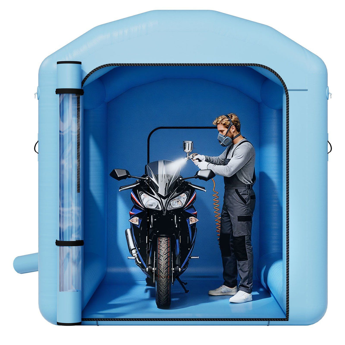 Inflatable Paint Booth, 3 x 2.5 x 2.5 m, Inflatable Spray Booth with 550W Powerful Blower and Air Filter System, Round Roof with Light Hook, for Painting Bicycle, Motorcycle, and Furniture