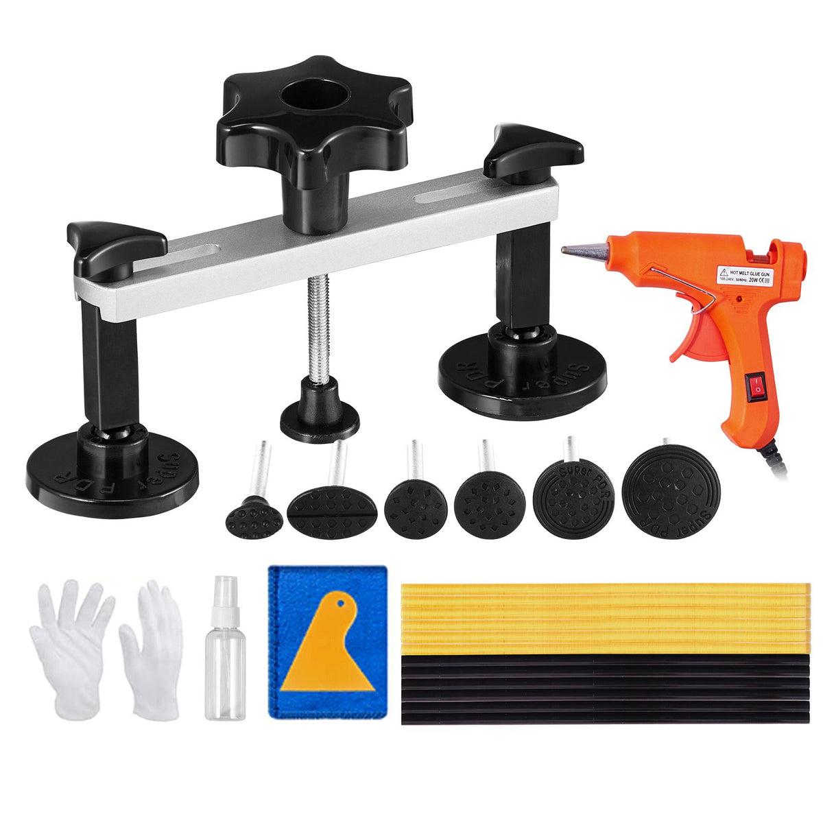 25 PCS Dent Removal Kit, Auto Body Paintless Dent Removal Tools Kit with Bridge Puller, Puller Tabs, Hot Melt Glue Gun, Glue Sticks, Dent Puller Kit for Auto Body Dents, and Other Metal Surface