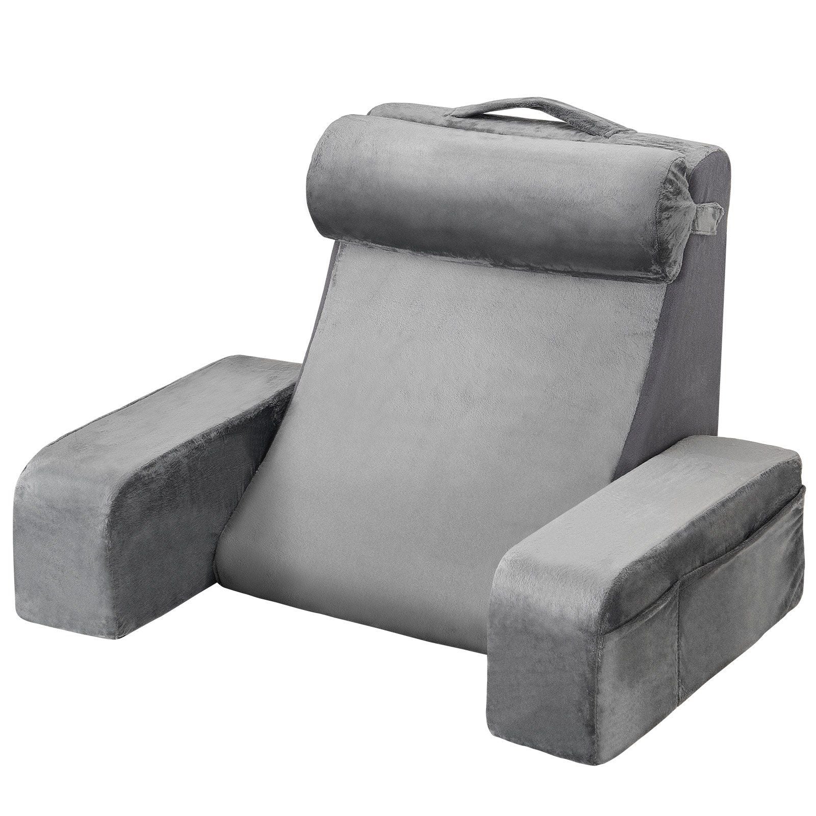 Reading Pillow, Backrest Support Pillow with Arm and 3 Pockets, Large Size Bed Pillow with Removable Headrest & 25D Sponge, Handle for Easy Carrying, for Reading, Gaming, Resting, Working, Grey
