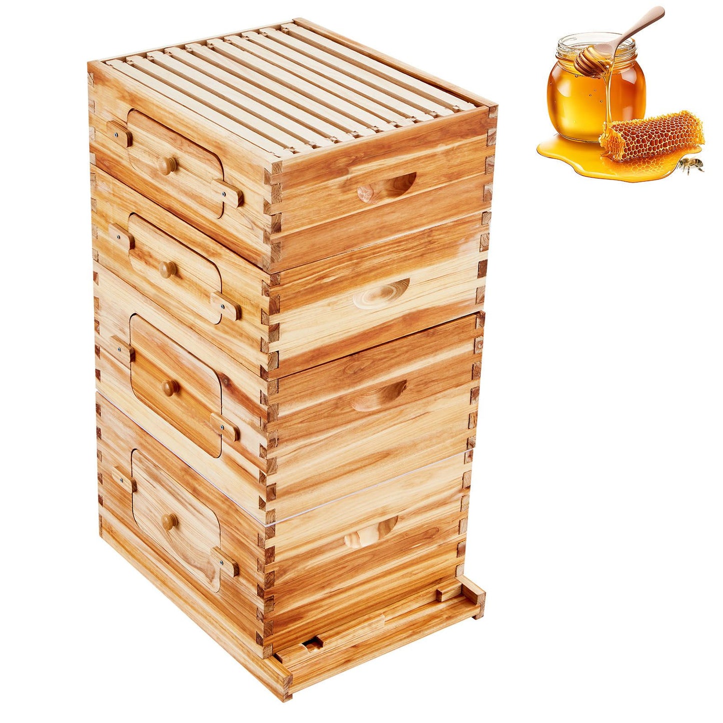 Bee Hive 40 Frame Bee Hives Starter Kit, Beeswax Coated Cedar Wood, 2 Deep + 2 Medium Bee Boxes Langstroth Beehive Kit, Transparent Acrylic Windows with Foundations for Beginners Pro Beekeepers