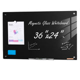 Magnetic Glass Whiteboard, Dry Erase Board 36"x24", Wall-Mounted Large White Glassboard Frameless, with Marker Tray, an Eraser and 2 Markers, Black