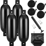 Boat Fenders, 6.5" x 23" Boat Bumpers for Docking, Inflatable Ribbed Fender with Center Holes, Marine Boat Dock Fender Bumper with Air Pump, 4 Needles and 4 Ropes and Storage Bag, Black