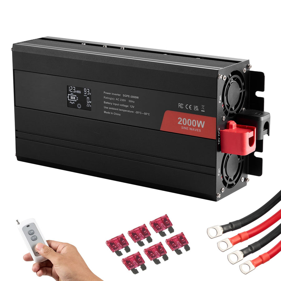 Pure Sine Wave Inverter, 2000 Watt, Power Inverter with 2 AC Outlets 2 USB Port 1 Type-C Port, LCD Display and Remote Controller for Medium-Sized Household Equipment, CE FCC