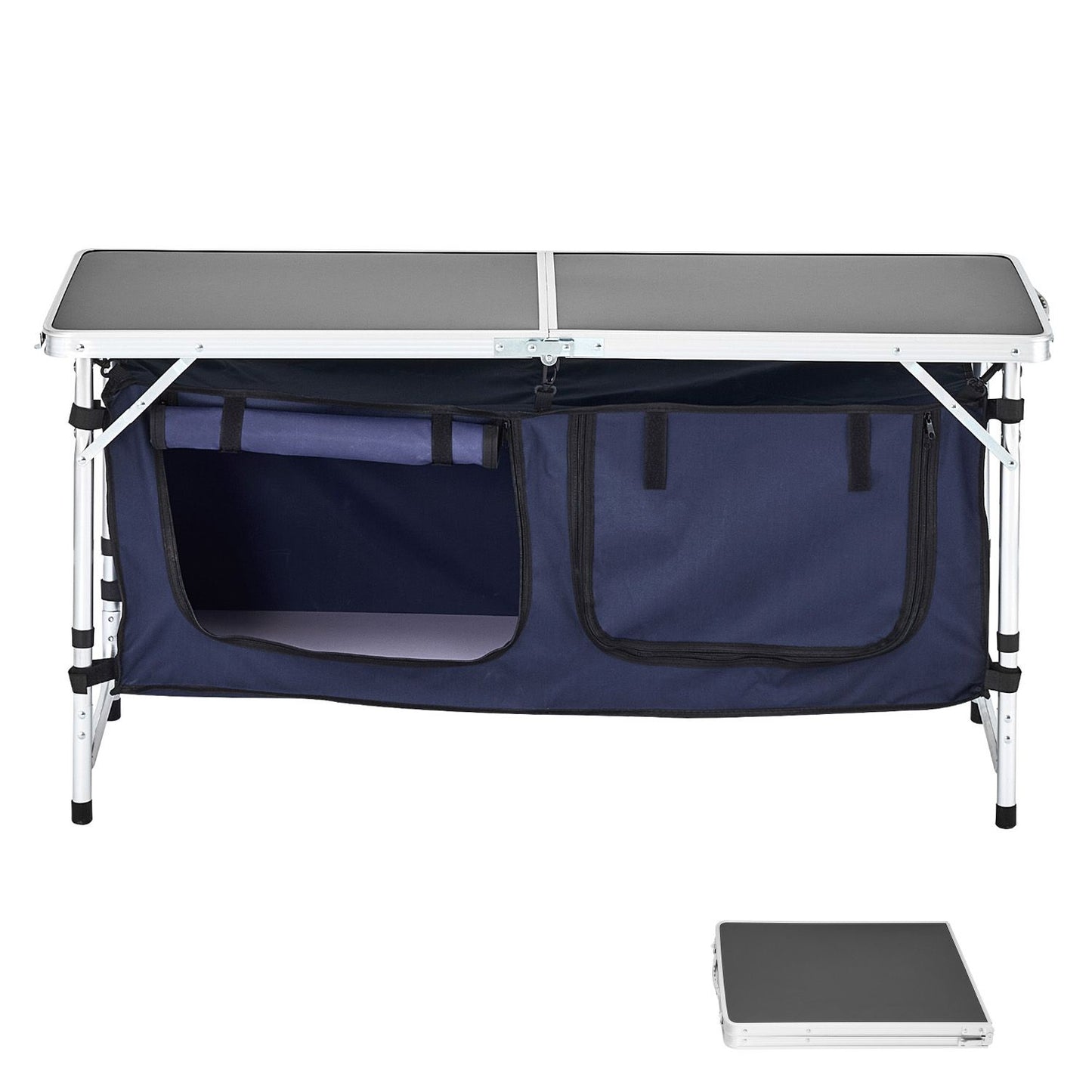Camping Kitchen Table, Folding Outdoor Cooking Table, 3 Adjustable Height, Aluminum Lightweight Portable Cook Station with Storage Organizer, Carry Handle, for BBQ Party Picnic RV Travel, Blue