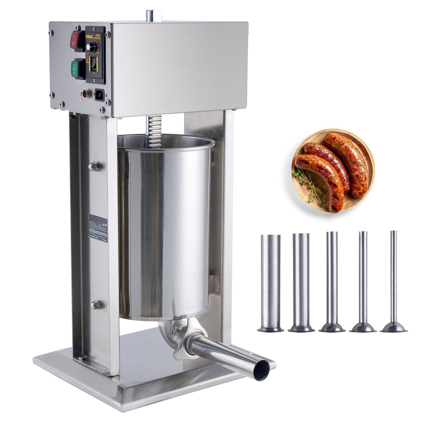 Electric Sausage Stuffer, 12 L / 25 LBS Vertical Meat Stuffer, 200W Motor, Stepless Speed Control and Foot Pedal, Made of Food-grade 304 Stainless Steel, 5 Stuffing Tubes for Home, Commercial