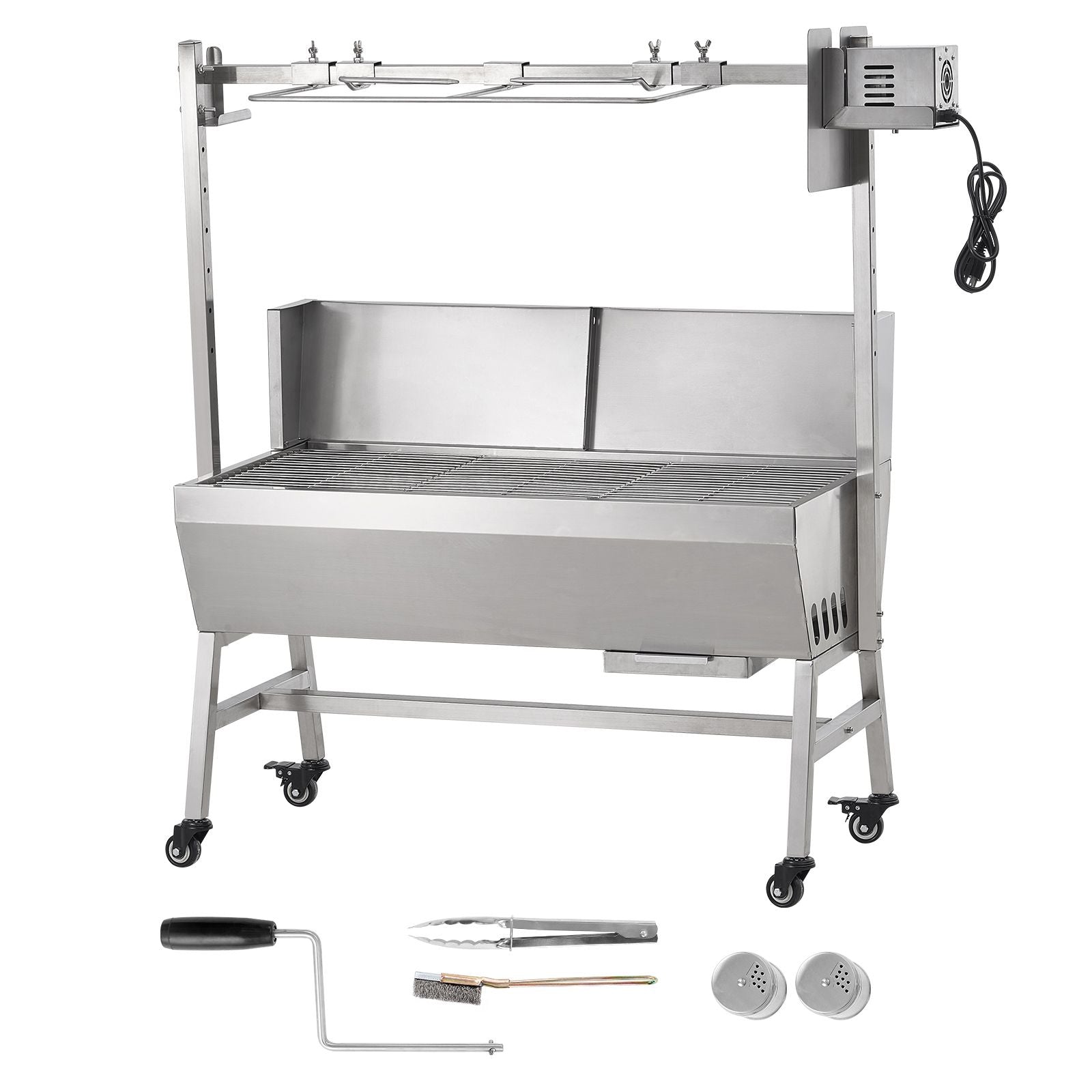 Rotisserie Grill with Windscreen, BBQ Whole Pig Lamb Goat Charcoal Spit Grill, 35 Inch 90 Lbs Capacity, Electric 42W Motor Stainless Steel Roaster with Lockable Wheels, for Camping Outdoor