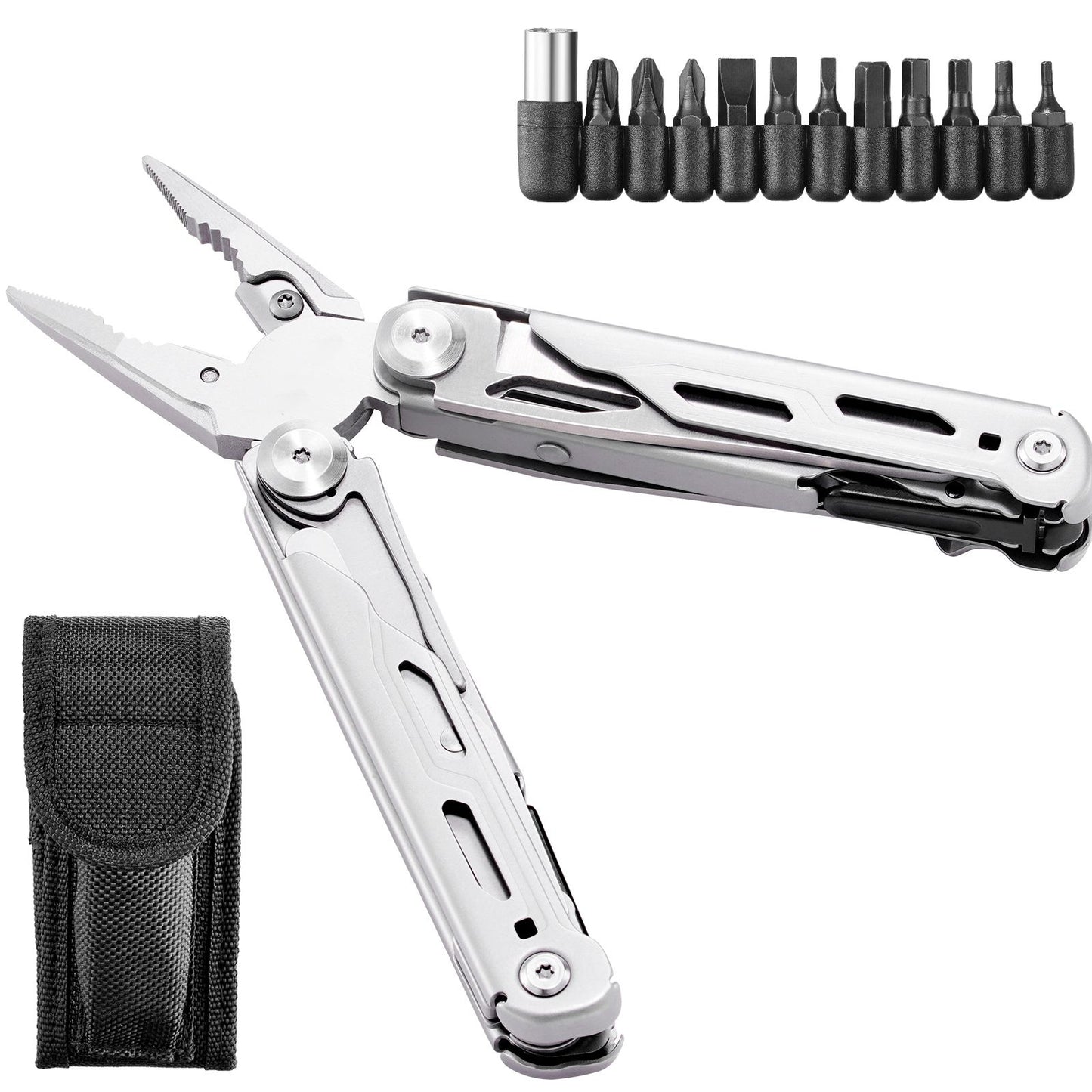 16-In-1 Multitool Pliers, Multi Tool Pliers, Cutters, Knife, Scissors, Ruler, Screwdrivers, Wood Saw, Can Bottle Opener, with Safety Locking and Sheath, for Survival, Camping, Hunting and Hiking