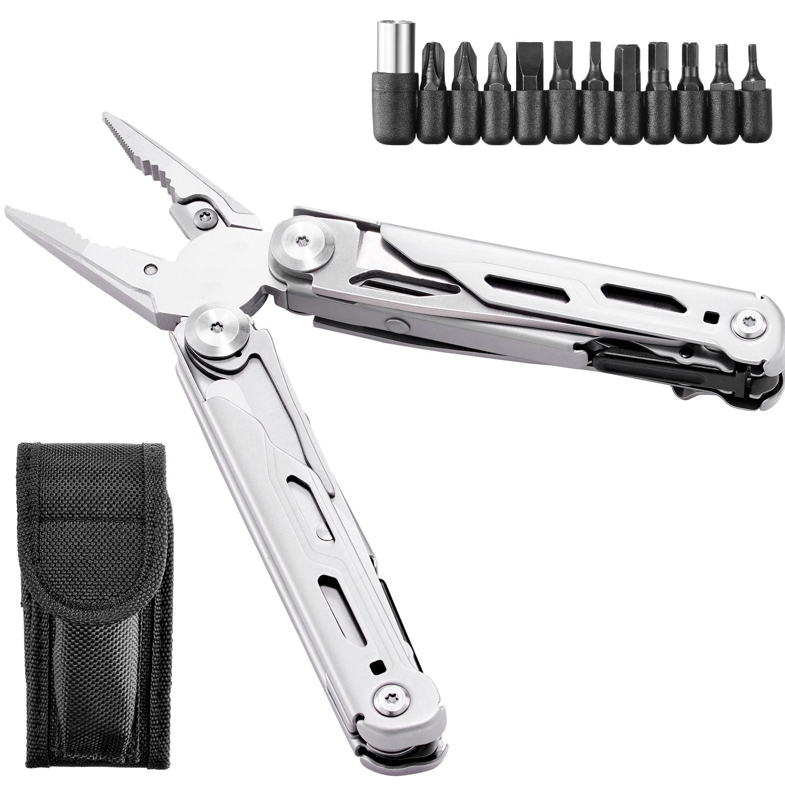 16-In-1 Multitool Pliers, Multi Tool Pliers, Cutters, Knife, Scissors, Ruler, Screwdrivers, Wood Saw, Can Bottle Opener, with Safety Locking and Sheath, for Survival, Camping, Hunting and Hiking