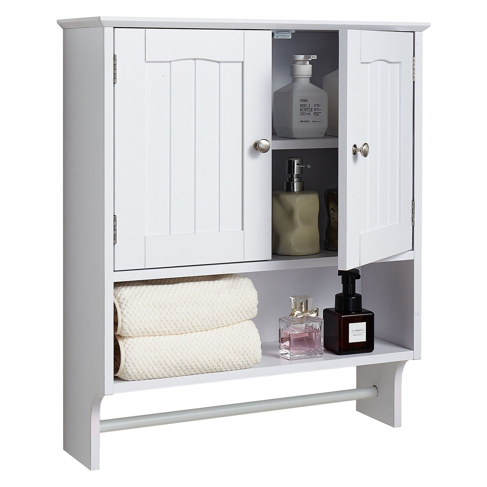 Bathroom Wall Cabinet, 2 Doors and Adjustable Shelf, Over the Toilet Storage Medicine Cabinet Wall Mounted, Hanging Organizer with Open Partition and Towel Bar for Laundry Room Kitchen, White