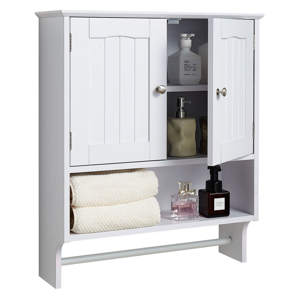 Bathroom Wall Cabinet, 2 Doors and Adjustable Shelf, Over the Toilet Storage Medicine Cabinet Wall Mounted, Hanging Organizer with Open Partition and Towel Bar for Laundry Room Kitchen, White