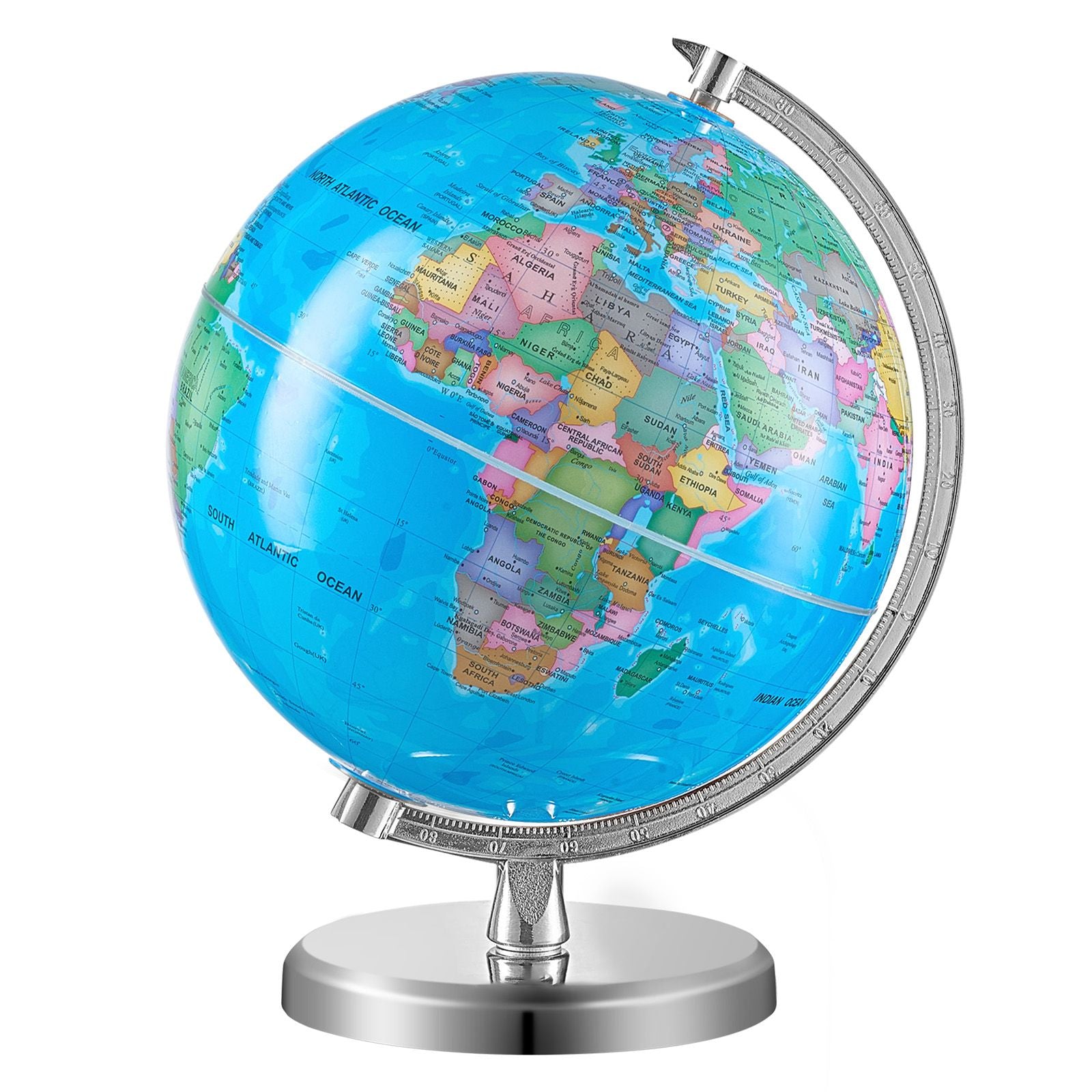 Rotating World Globe with Stand, 203.2 mm, Educational Geographic Globe with Precise Time Zone ABS Material, 360° Spinning Globe for Kids Children Learning Classroom Geography Education