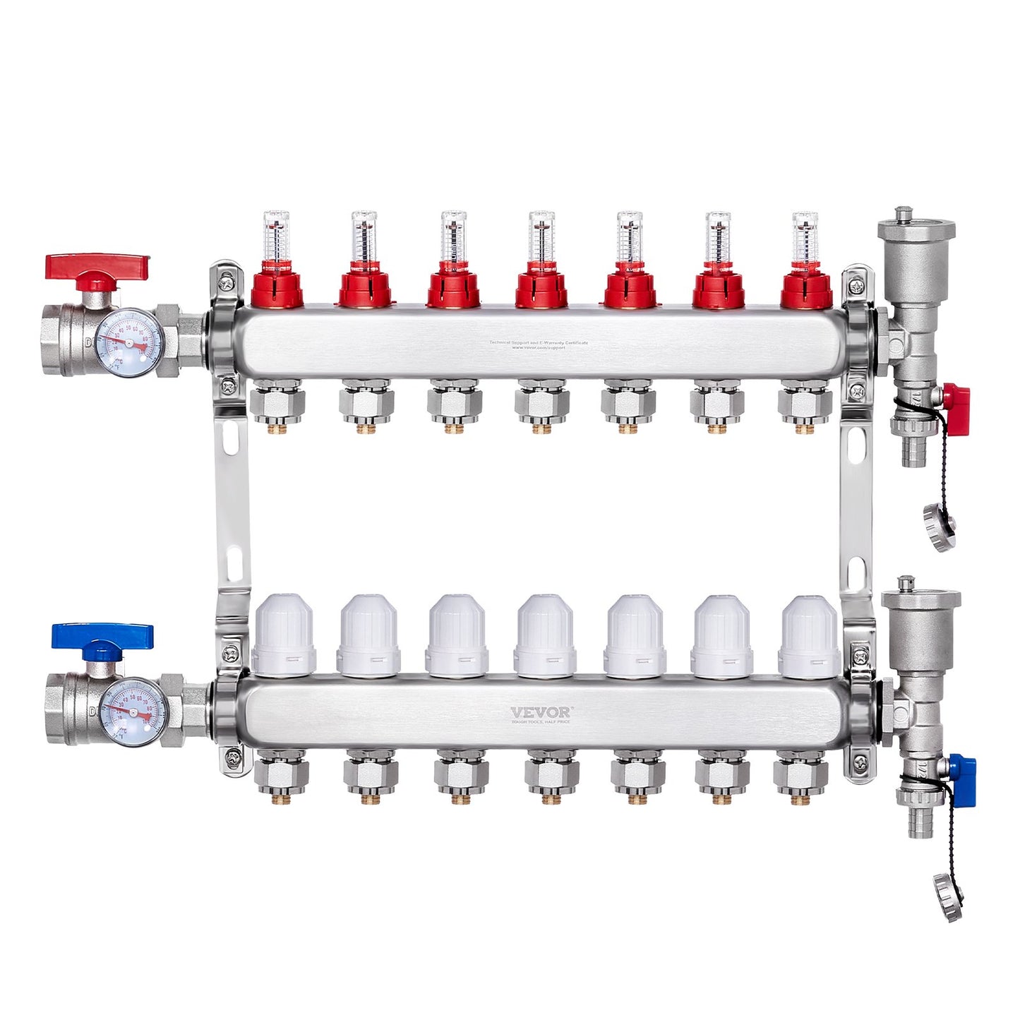 7-Branch Radiant Heat Manifold, 1/2" PEX Tubing Manifold, Stainless Steel PEX Manifold for Hydronic Radiant Floor Heating, Radiant Heat PEX Manifold Kit with 1/2" Adapters Included