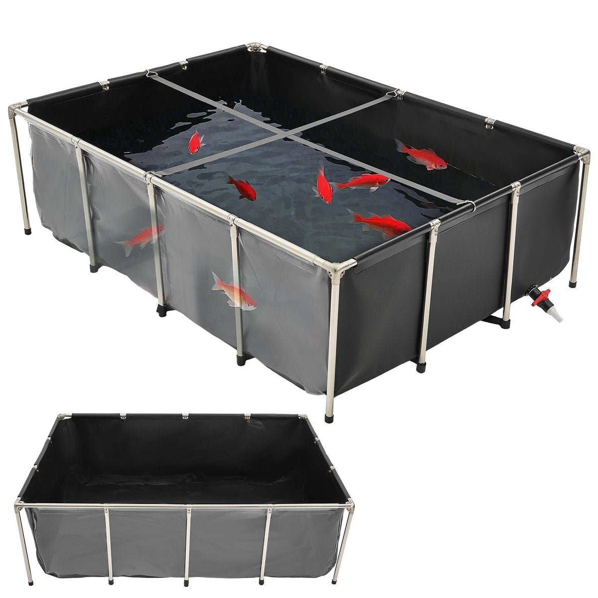 Canvas Fish Pond, 1781.3L Above Ground Fish Pond, PVC Koi Tank with Clear Viewing Panel, Rectangular Goldfish Tank with Stainless Steel Frame & Drain Valve, for Breeding Koi, Irrigation(Black)