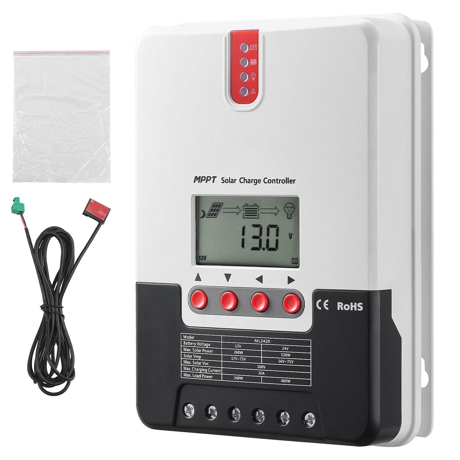 20A MPPT Solar Charge Controller, Auto DC Input, Solar Panel Regulator Charger with LCD Display Temperature Sensor Cable, for Sealed(AGM), Gel, Flooded and Lithium Battery Charging