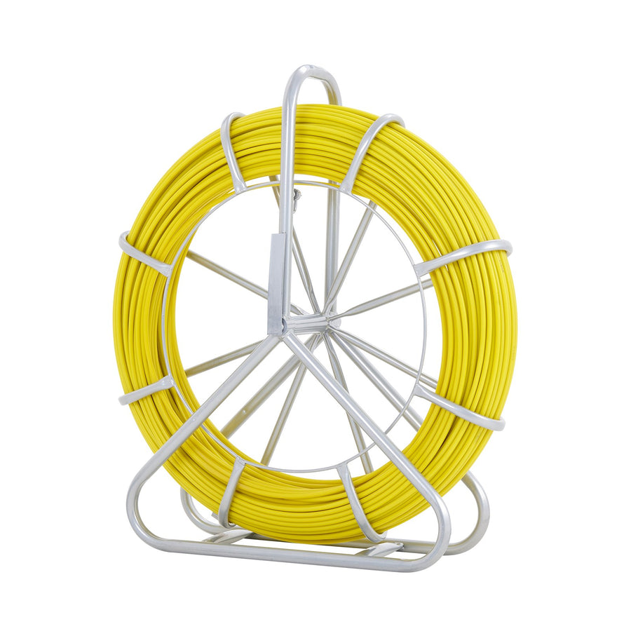 VEVOR Fish Tape Fiberglass, 129.5 m, 6.35 mm, Duct Rodder Fishtape Wire Puller, Cable Running Rod with Steel Reel Stand, 3 Pulling Heads, Fishing Tools for Walls and Electrical Conduit, Non-Conductive