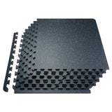 Black and blue interlocking gym floor tiles with rubber top and EVA foam.