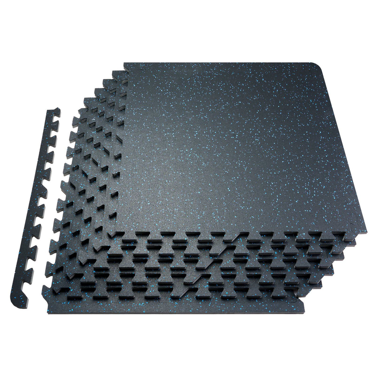 Black and blue interlocking gym floor tiles with rubber top and EVA foam.