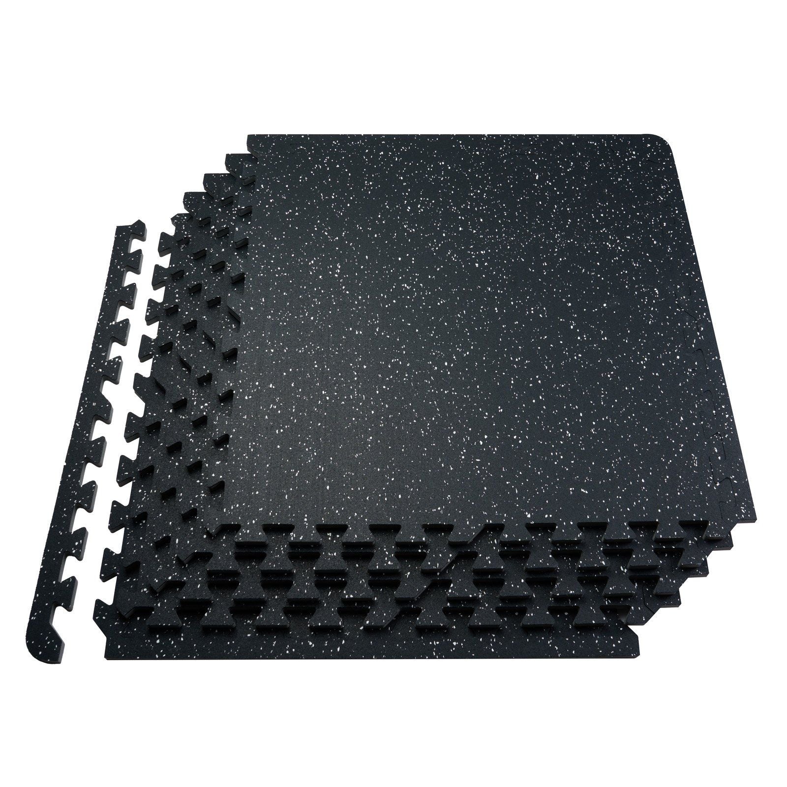 Black and white interlocking gym floor tiles made of rubber top and EVA foam.