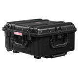 2.5 Cu.ft Weatherproof Hard Case, Waterproof Hard Case with Rolling Wheels and Retractable Pull Handle, IP67 Waterproof Protective Case with 4 Clips, 4 Padlock Holes, and Foam Inserted, Black