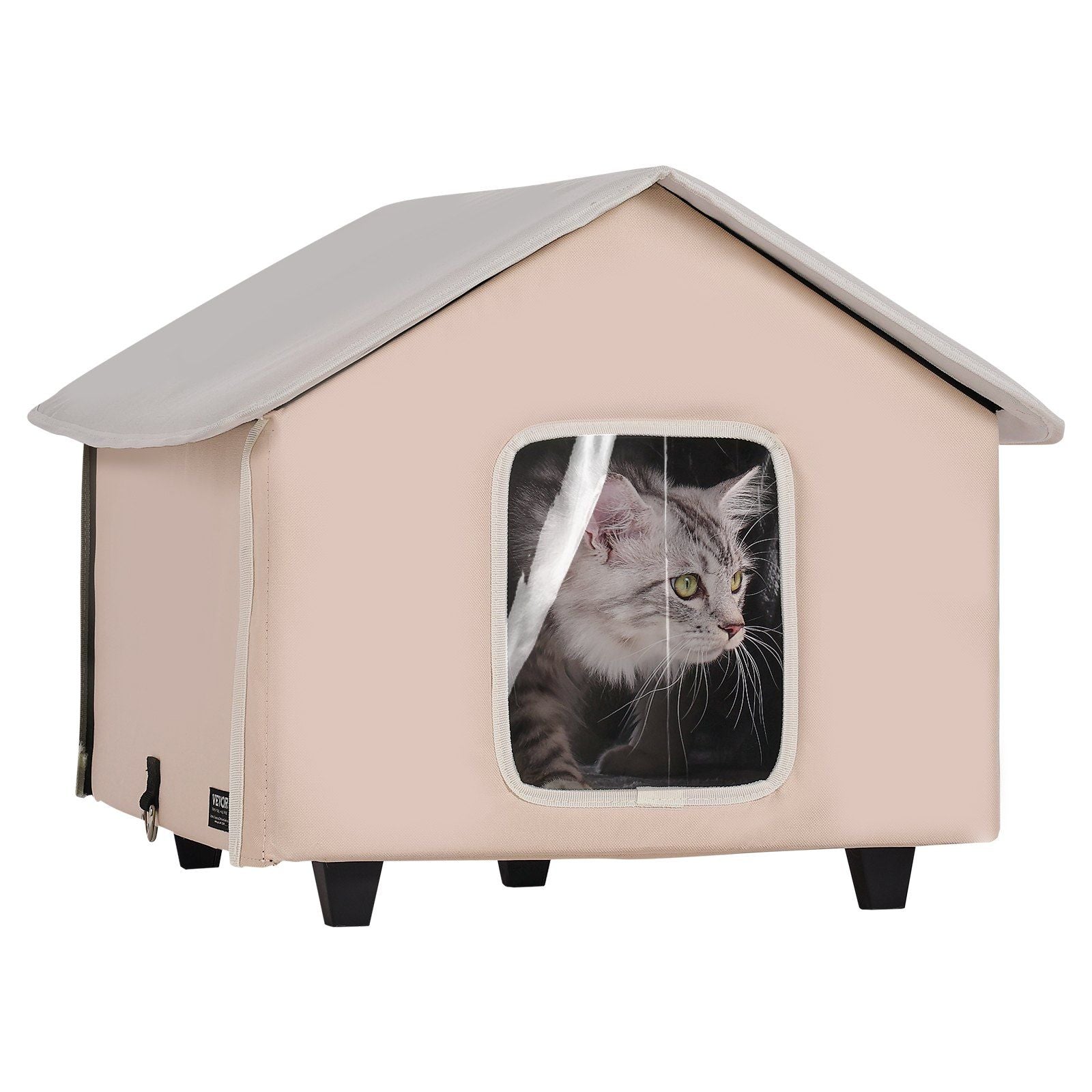 Elevated Heated Cat House, Outdoor Kitty Shelter with Timer, 600D Oxford Cloth Foldable Cat Shelter with Heated Pad for Winter to Stay Warm and Cozy, Brown (Middle)