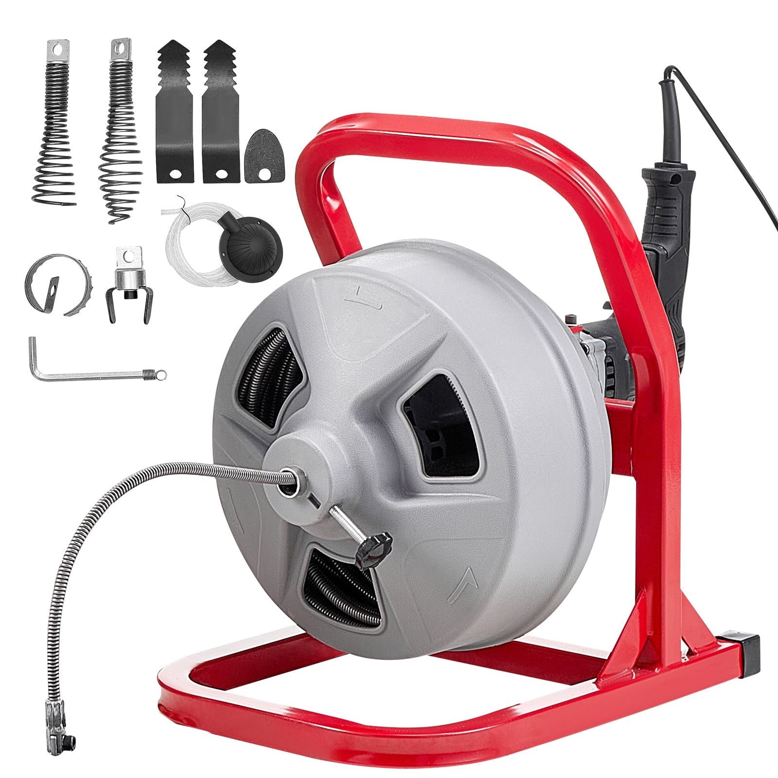Drain Cleaner Machine 15m x 8mm, Sewer Snake Auger with 228RPM Electric Drill, Manual Feed Drain Cleaning Machine with 6 Cutters & Air-activated Foot Switch for 50mm to 100mm Pipes