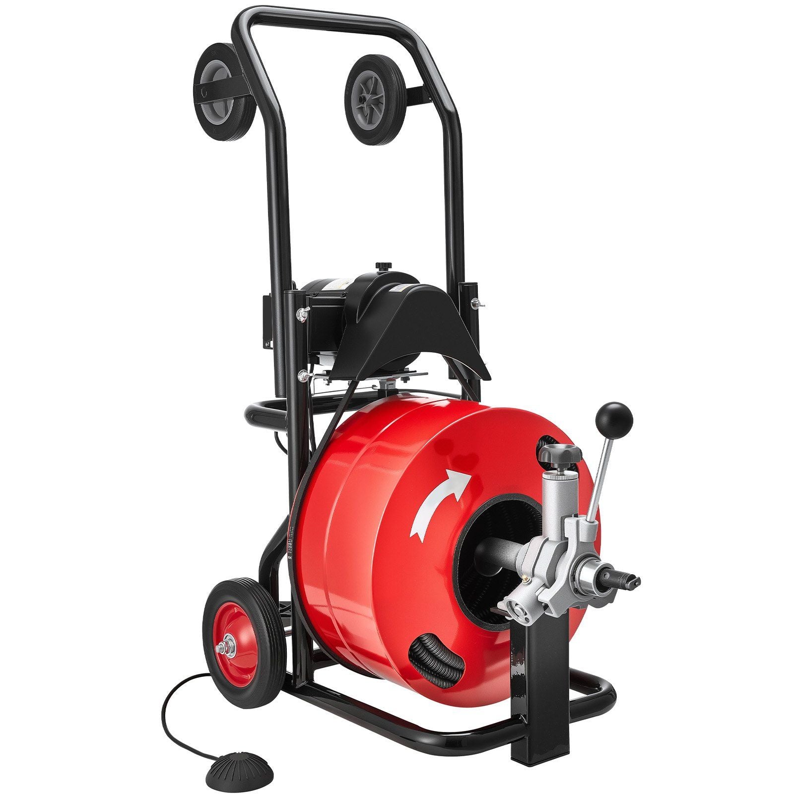 Drain Cleaner Machine 30m x 19mm, Auto Feed Sewer Snake Auger, Portable Drain Cleaning Machine with Multi-Wheel Combination, 6 Cutters & Air-Activated Foot Switch for 100mm to 200mm Pipes
