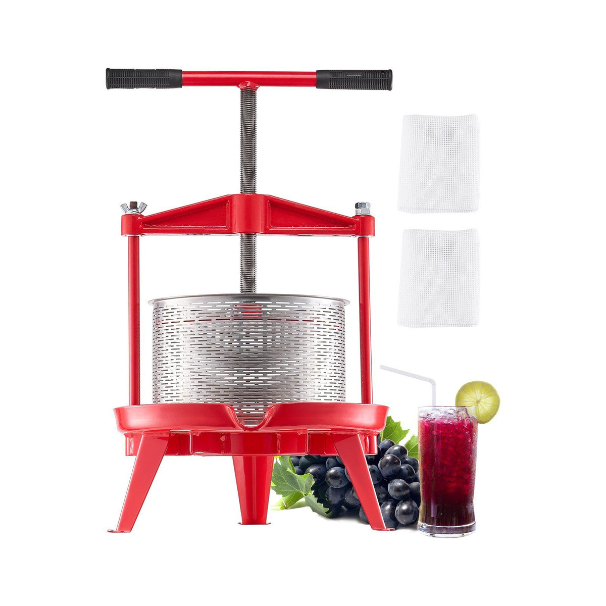 2.38 Gal/9L Fruit Wine Press, Stainless Steel Basket with Cross-beam and Triangular Structure, Manual Juice Maker, Cider Apple Grape Tincture Making Press with T-Handle for Kitchen Home