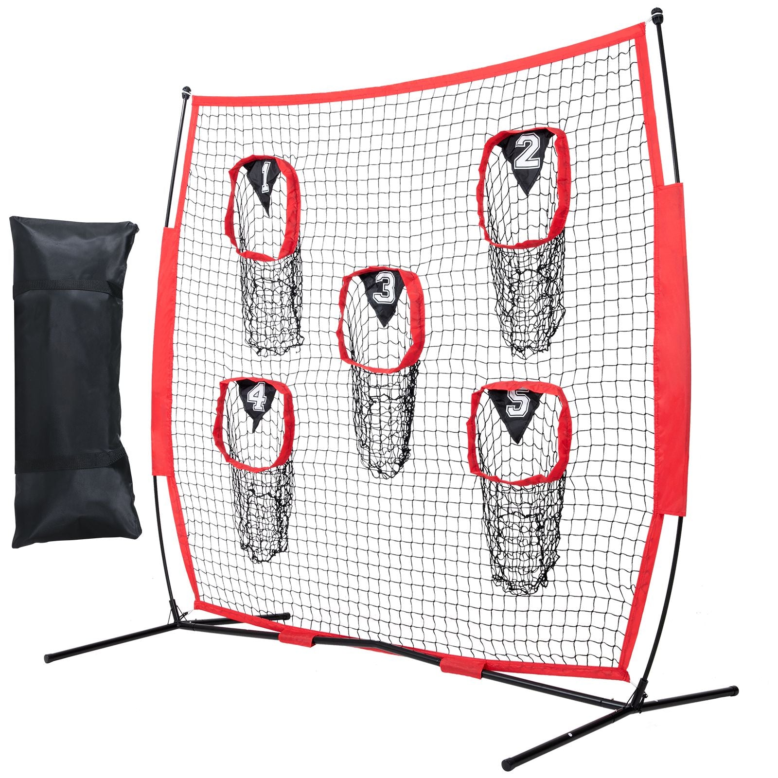 8 x 8 ft Football Trainer Throwing Net, Training Throwing Target Practice Net with 5 Target Pockets, Knotless Net Includes Bow Frame and Portable Carry Case, Improve QB Throwing Accuracy, Red
