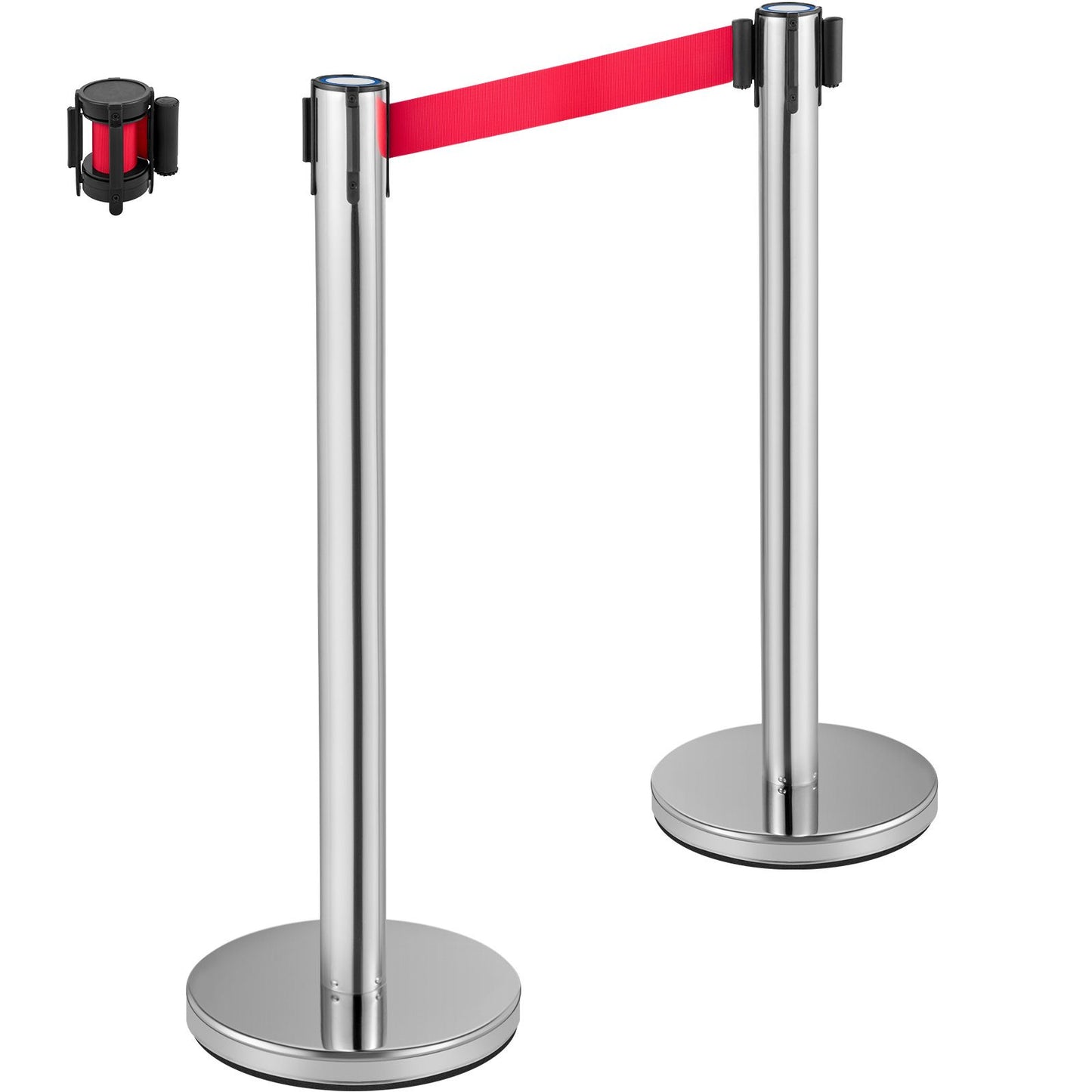 Crowd Control Stanchion, Set of 6 Pieces Stanchion Set, Stanchion Set with 2 m Red Retractable Belt, Crowd Control Barrier with Rubber Base – Easy Connect Assembly for Crowd Control (Silver)