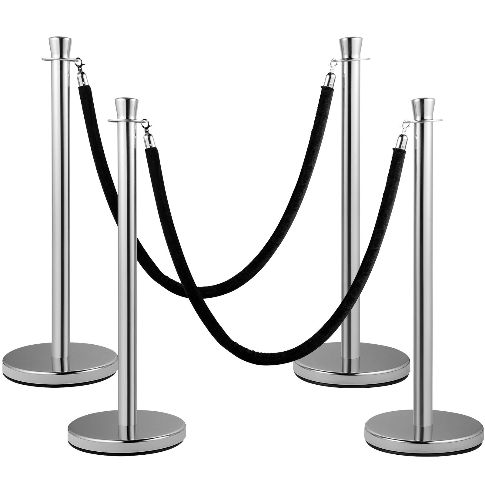 Crowd Control Stanchion, Set of 2 Pieces Stanchion Set, Stanchion Set with 5 ft/1.5 m Black Velvet Rope, Silver Crowd Control Barrier with Sturdy Concrete and Metal Base - Easy Connect Assembly