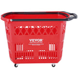 Shopping Baskets, 6PCS, 39L Shopping Carts with Handles, Plastic Rolling Shopping Basket with Wheels, Large Portable Shopping Basket Set for Supermarkets, Retail Stores, Grocery Shopping, Red