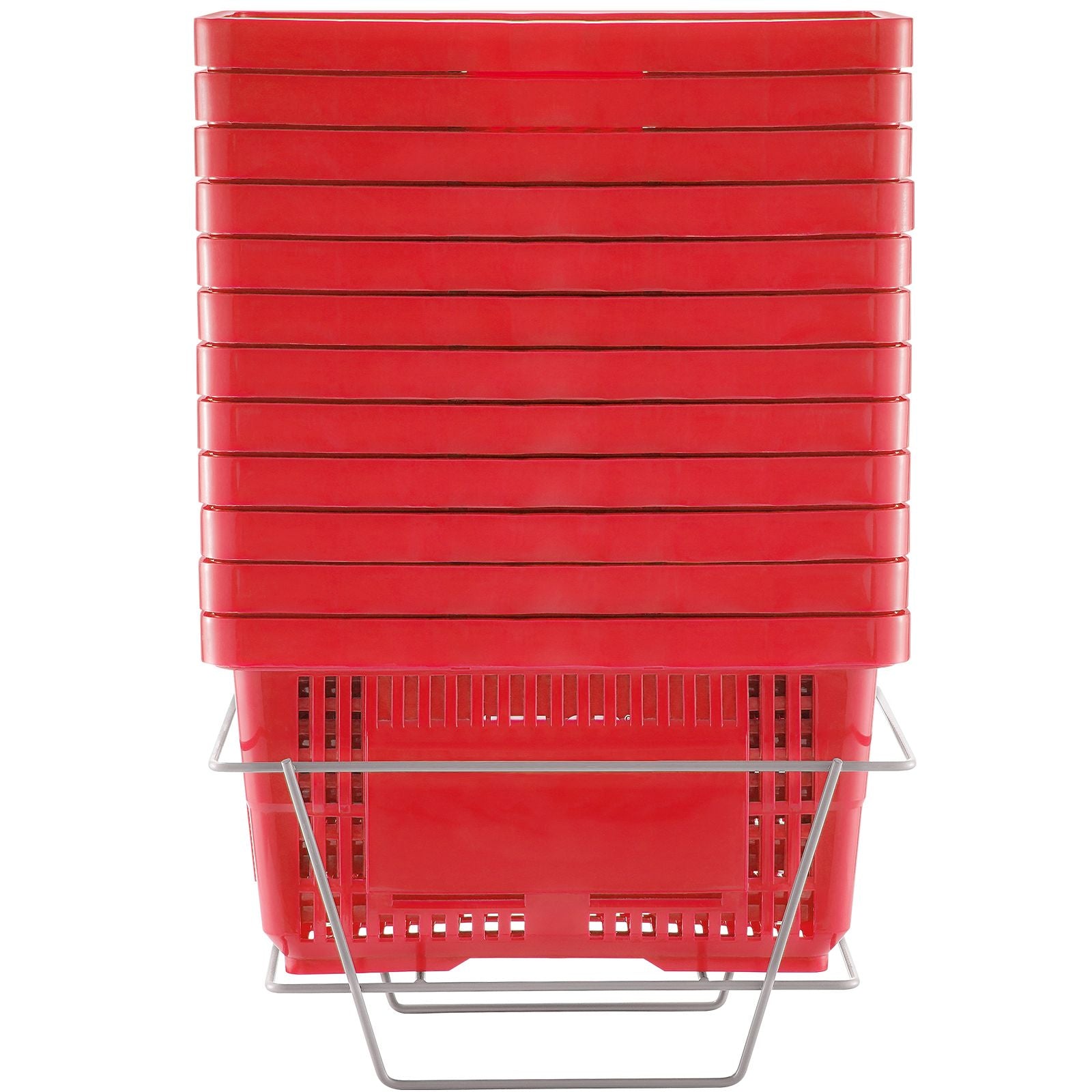 Shopping Basket, Set of 12, 24L Durable Plastic Grocery Basket with Handle and Stand, 425 x 295 x 225 mm Portable Shop Basket Bulk Used for Retail Store, Supermarket, and Grocery Shopping, Red