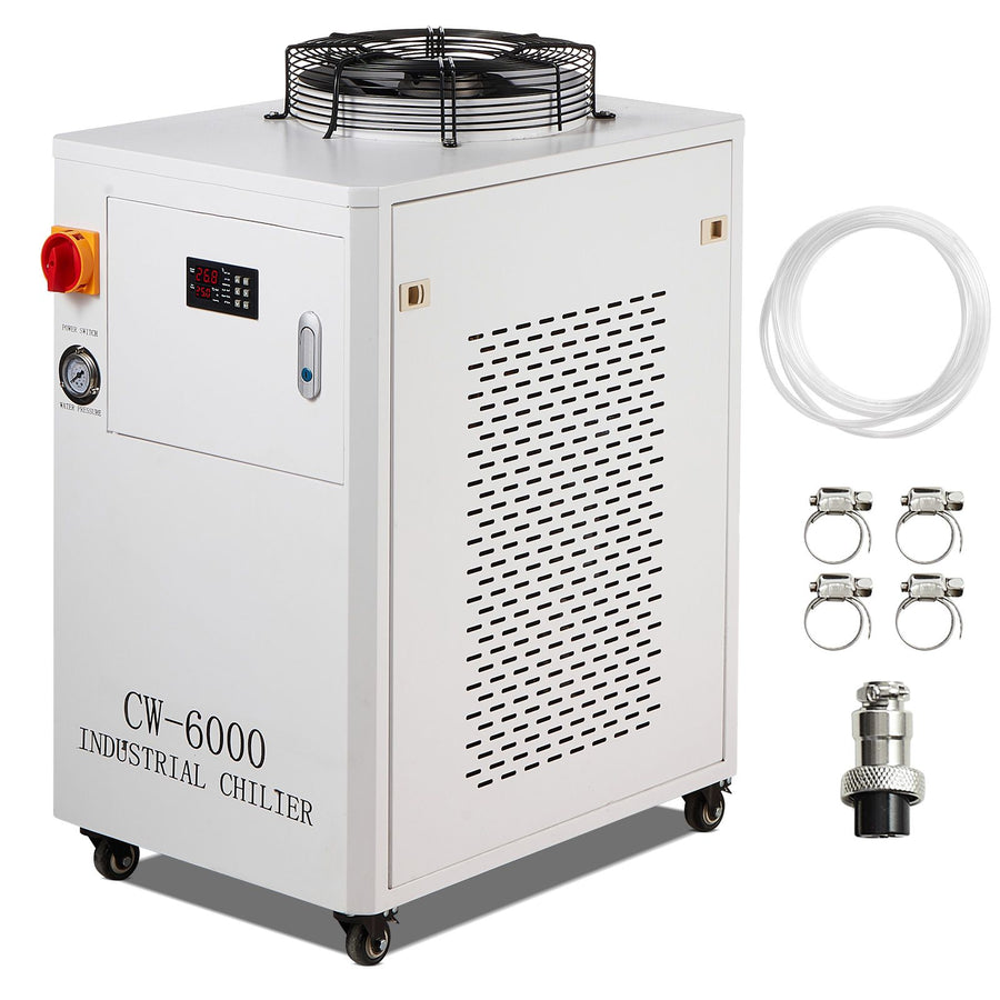 Industrial Water Chiller, CW6000, 1500W Industrial Water Cooler Cooling System with Compressor 15L Water Tank Capacity 65 L/min Max Flow Rate, for CO2 Laser Engraving Machine Cooling Machine