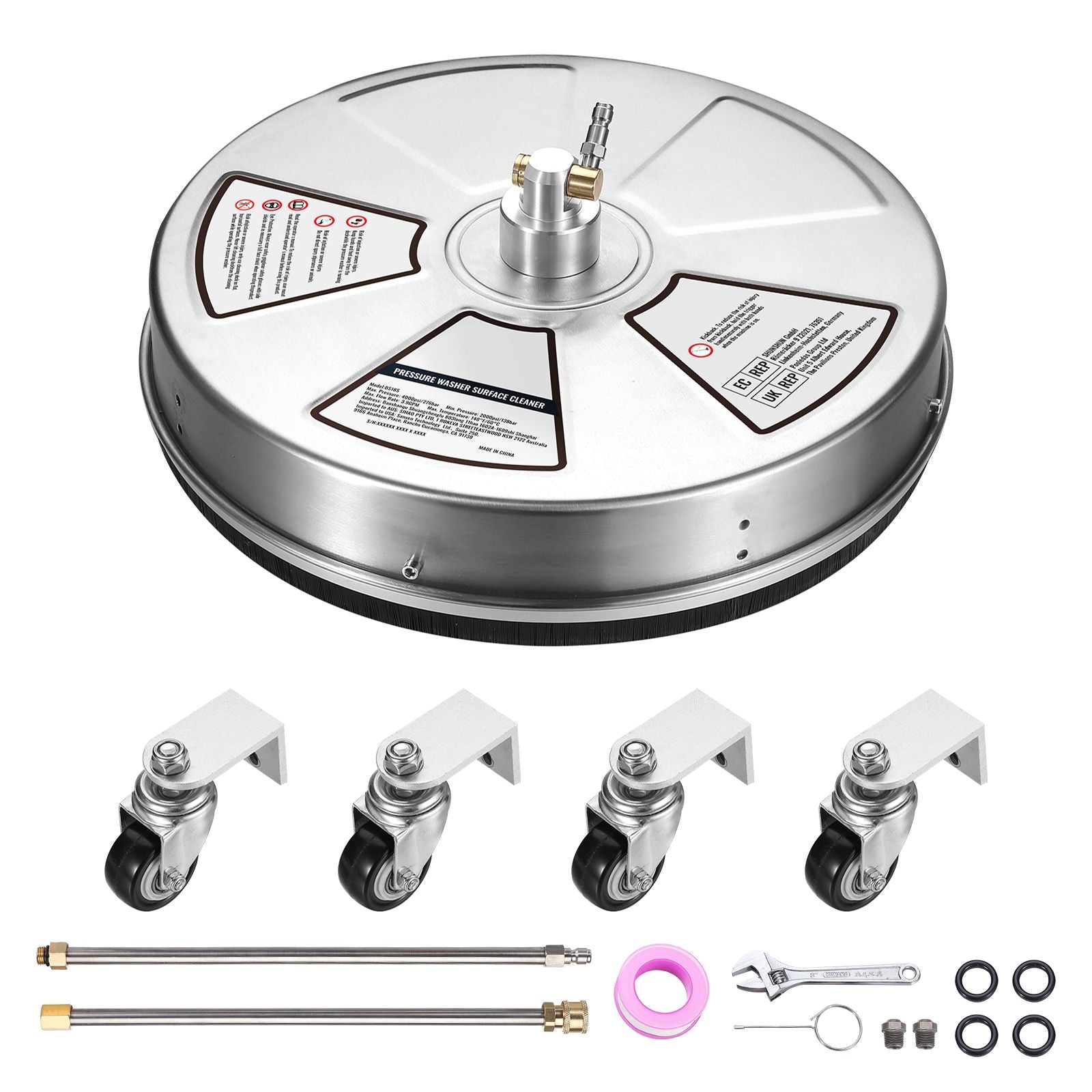18" Pressure Washer Surface Cleaner w/ Wheels, Stainless Steel Concrete Cleaner 4000 Max PSI , 1/4" Quick-Connect Connector w/ 2 Extension Wand, Heavy Duty Power Washer For Floor Driveway, Patio