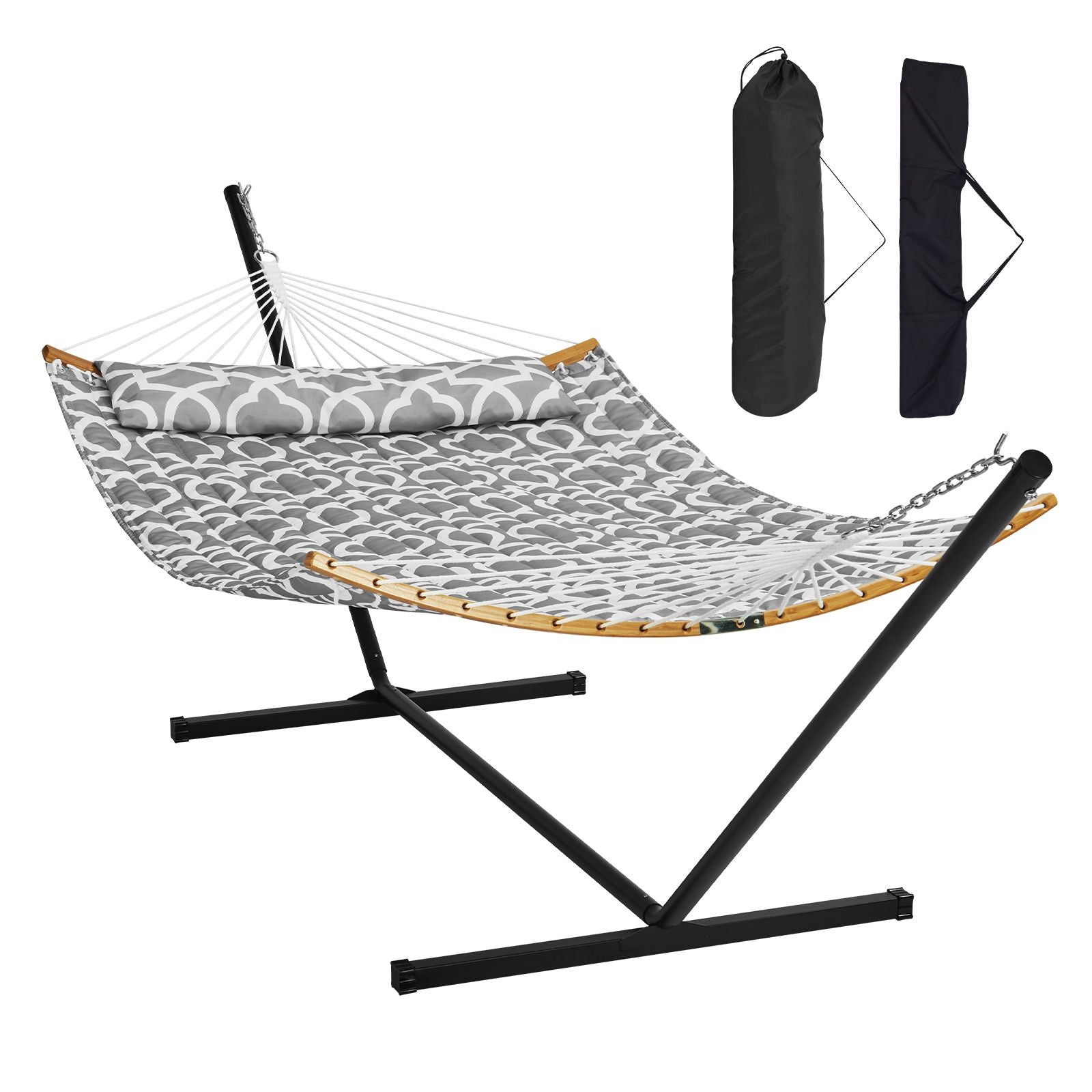Two Person Hammock with Stand Included, Double Hammock with Curved Spreader Bar and Detachable Pillow and Portable Carrying Bag, Perfect for Outdoor Freestanding Hammock, 480lb Capacity