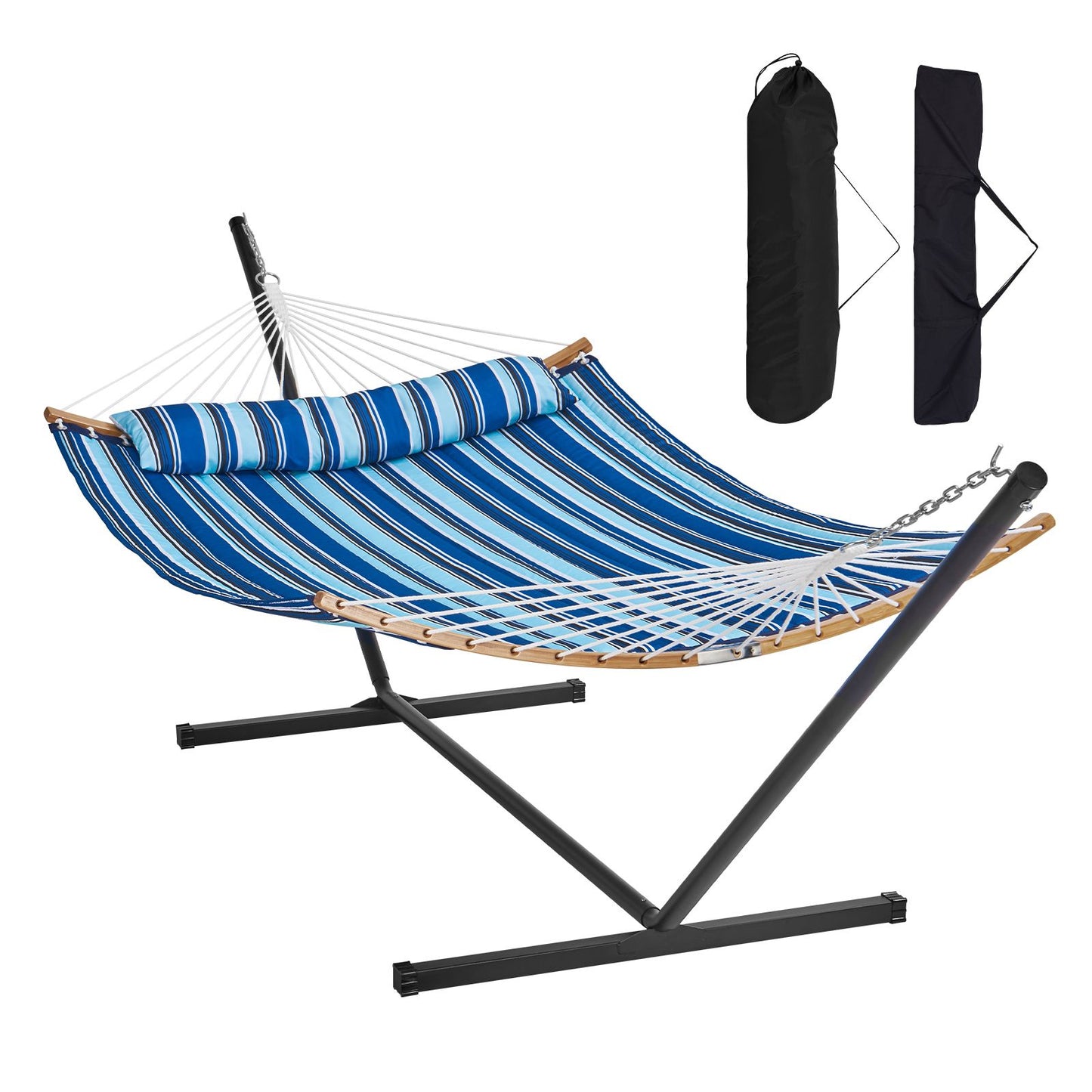 Two Person Hammock with Stand Included, Double Hammock with Curved Spreader Bar and Detachable Pillow and Portable Carrying Bag, Perfect for Outdoor Freestanding Hammock, 480lb Capacity