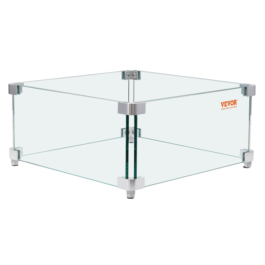 VEVOR Gas Fire Pit Wind Guard for Square Fire Table, 380 x 380 x 180 mm Clear Tempered Wind Guard for Firepits, 8mm Thick Square Glass Shield, Glass Panel with Hard Corner Bracket & Feet