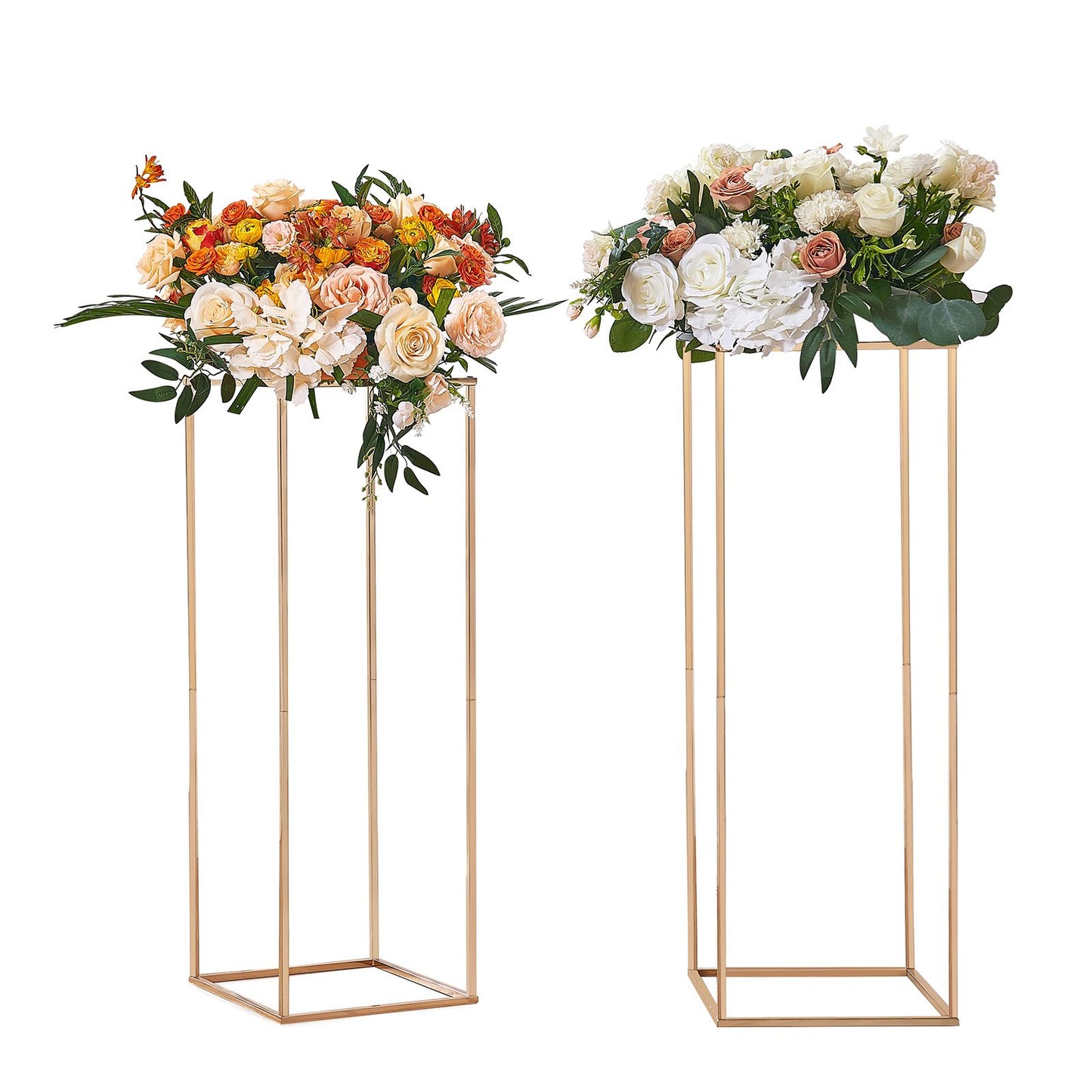 2PCS 31.5inch/80cm High Wedding Flower Stand, With Acrylic Laminate,Metal Vase Column Geometric Centerpiece Stands, Gold Rectangular Floral Display Rack for Events Reception, Party Decoration