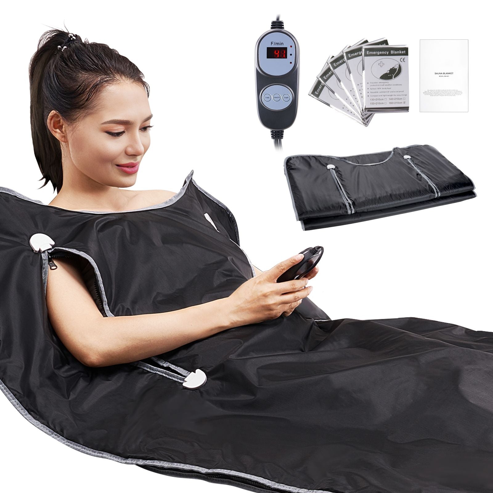 Sauna Blanket for Detoxification, Portable Far Infrared Sauna for Home, Oxford Sauna Bag w/ Arm Holes & Carbon Fiber Heating, 1-6 Level Adjustable Temp35-80°C, 5-60 Minutes Timer, 1900x900mm