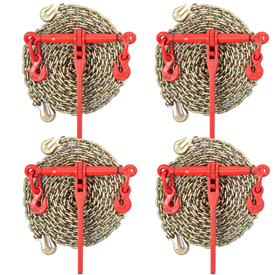 VEVOR Chain Load Binder, 8 mm Tie Down Kit with 3 Ton Working Load Capacity and Two Grab Hooks, Includes (4) Ratchet Binders - (4) 6.4 m Grade 80 Chains, Transport Load Package for Hauling, Towing