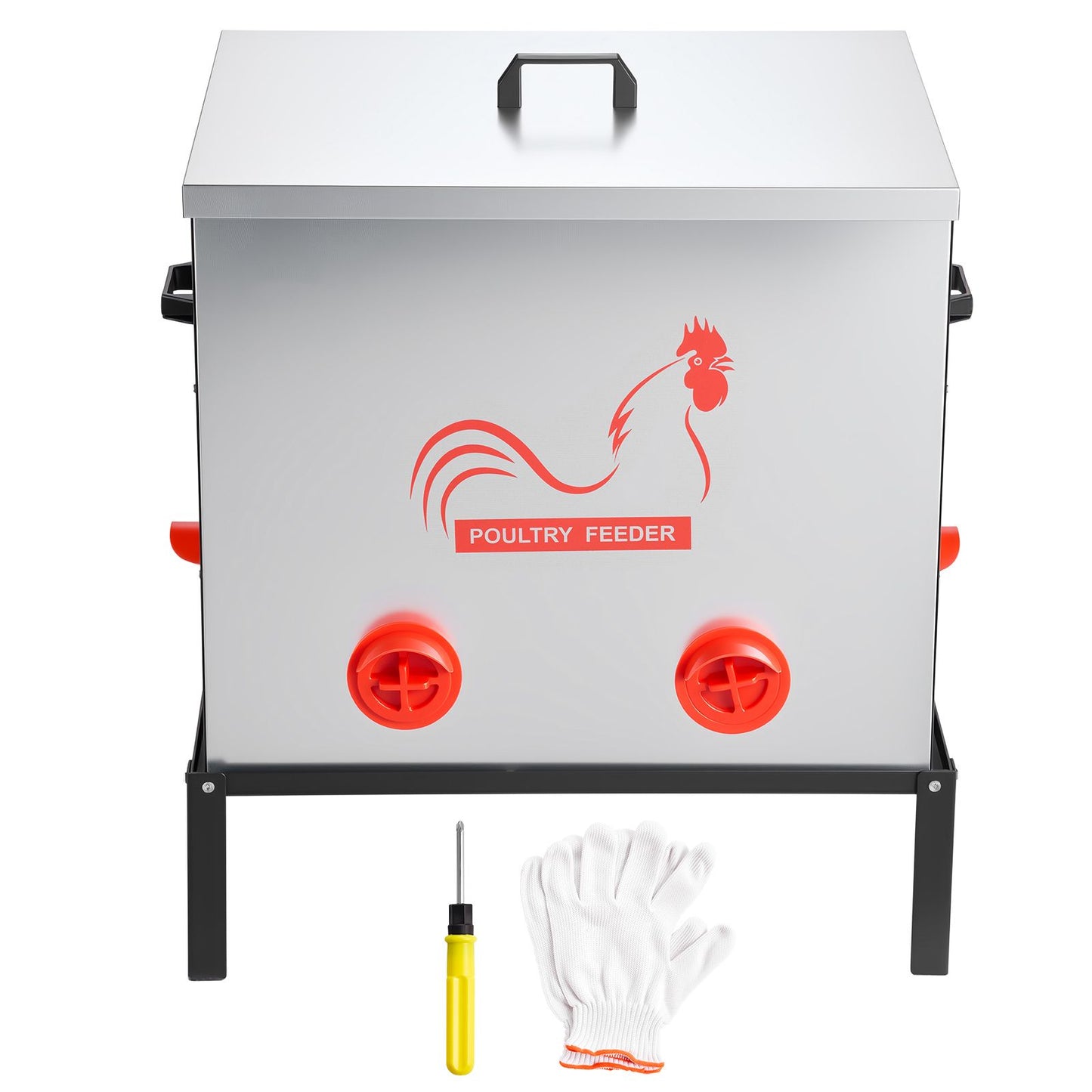 Automatic Chicken Feeder, 38.56 kg Capacity, 6 Feeding Ports No-Waste Poultry Feeder with Built-In Divider, with Latch & Handle, Metal Construction, for Chickens Bantams Pheasants Poultry Coop